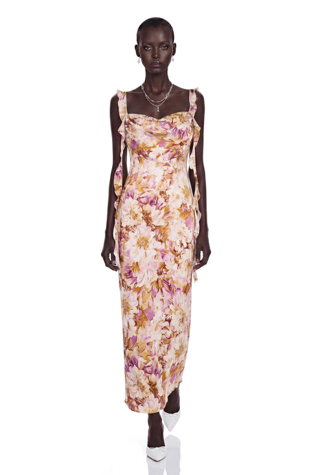 Kylie Maxi Dress Purple Sweetheart Floral Print with Ribbon