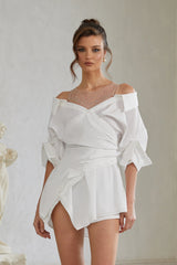 Jamie White Asymmetrical Gathered Mini Shirt Dress