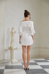 Jamie White Asymmetrical Gathered Mini Shirt Dress