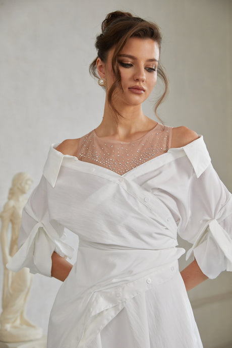 Vera Dress White Asymmetrical Gathered Mini Shirt