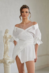 Jamie White Asymmetrical Gathered Mini Shirt Dress