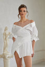 Jamie White Asymmetrical Gathered Mini Shirt Dress