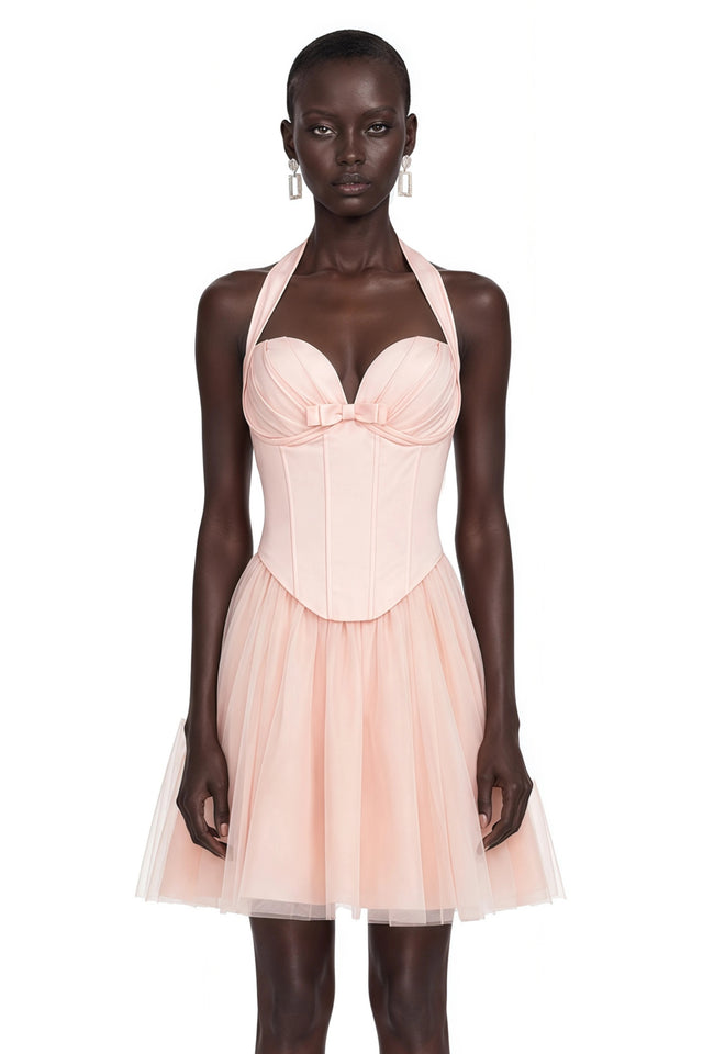 Jarmila Pink Halterneck Pleated Mini Dress