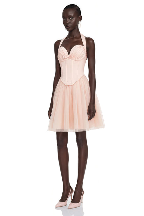Antonietta Mini Dress Pink Halterneck Pleated