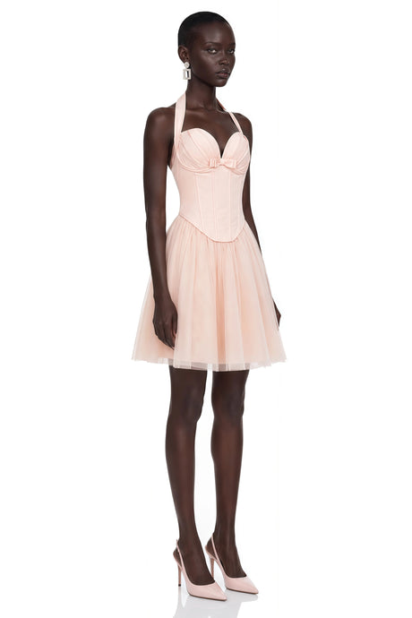 Antonietta Mini Dress Pink Halterneck Pleated