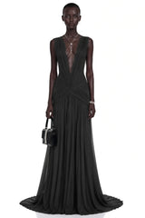 Jasmine Black Plunge Neck Ruched Maxi Dress