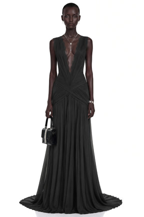 Jasmine Black Plunge Neck Ruched Maxi Dress