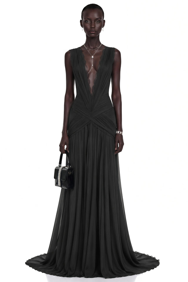 Jasmine Black Plunge Neck Ruched Maxi Dress