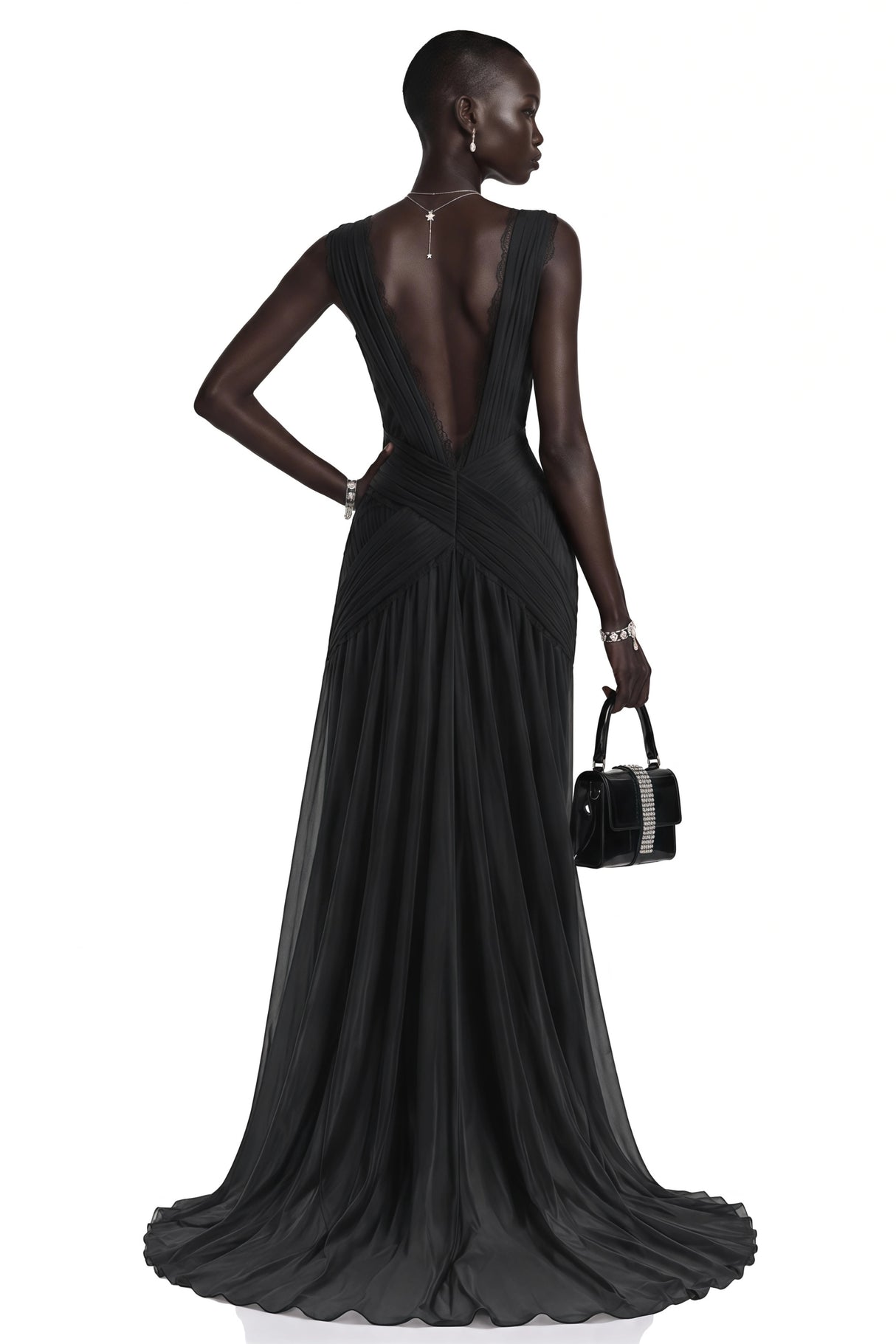 Jasmine Black Plunge Neck Ruched Maxi Dress