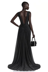 Jasmine Black Plunge Neck Ruched Maxi Dress