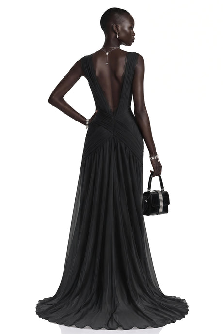 Lucille Maxi Dress Black Plunge Neck Ruched