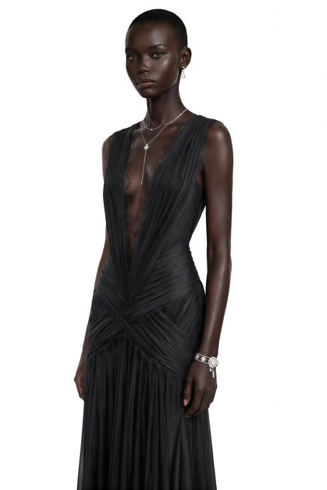Lucille Maxi Dress Black Plunge Neck Ruched