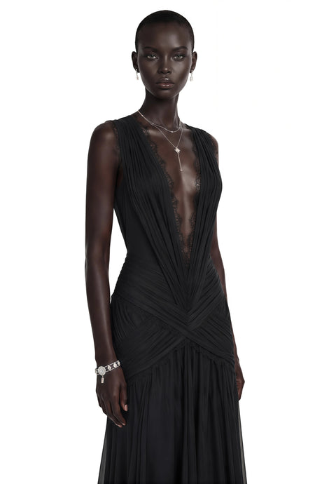 Lucille Maxi Dress Black Plunge Neck Ruched