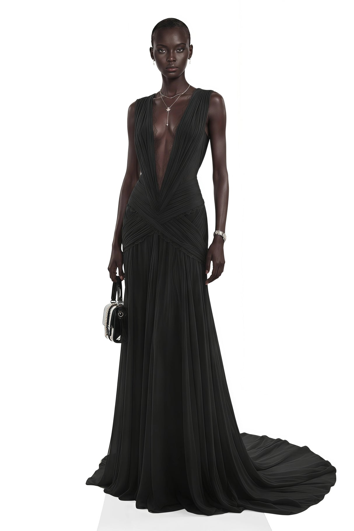 Jasmine Black Plunge Neck Ruched Maxi Dress