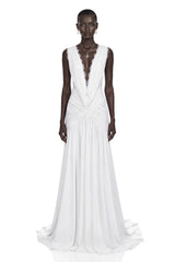 Jasmine White Plunge Neck Ruched Maxi Dress