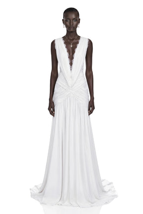 Jasmine White Plunge Neck Ruched Maxi Dress