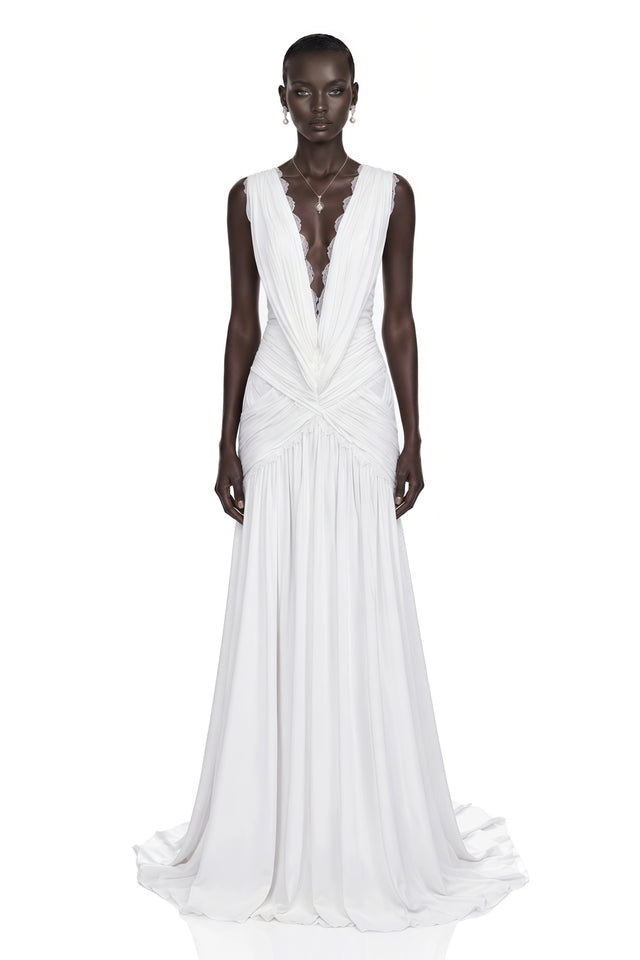 Jasmine White Plunge Neck Ruched Maxi Dress