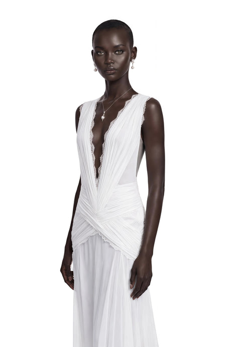 Dakota Maxi Dress White Plunge Neck Ruched