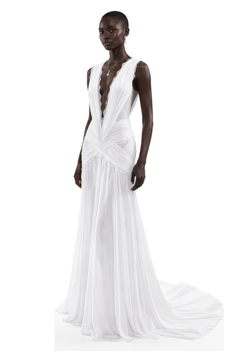 Dakota Maxi Dress White Plunge Neck Ruched