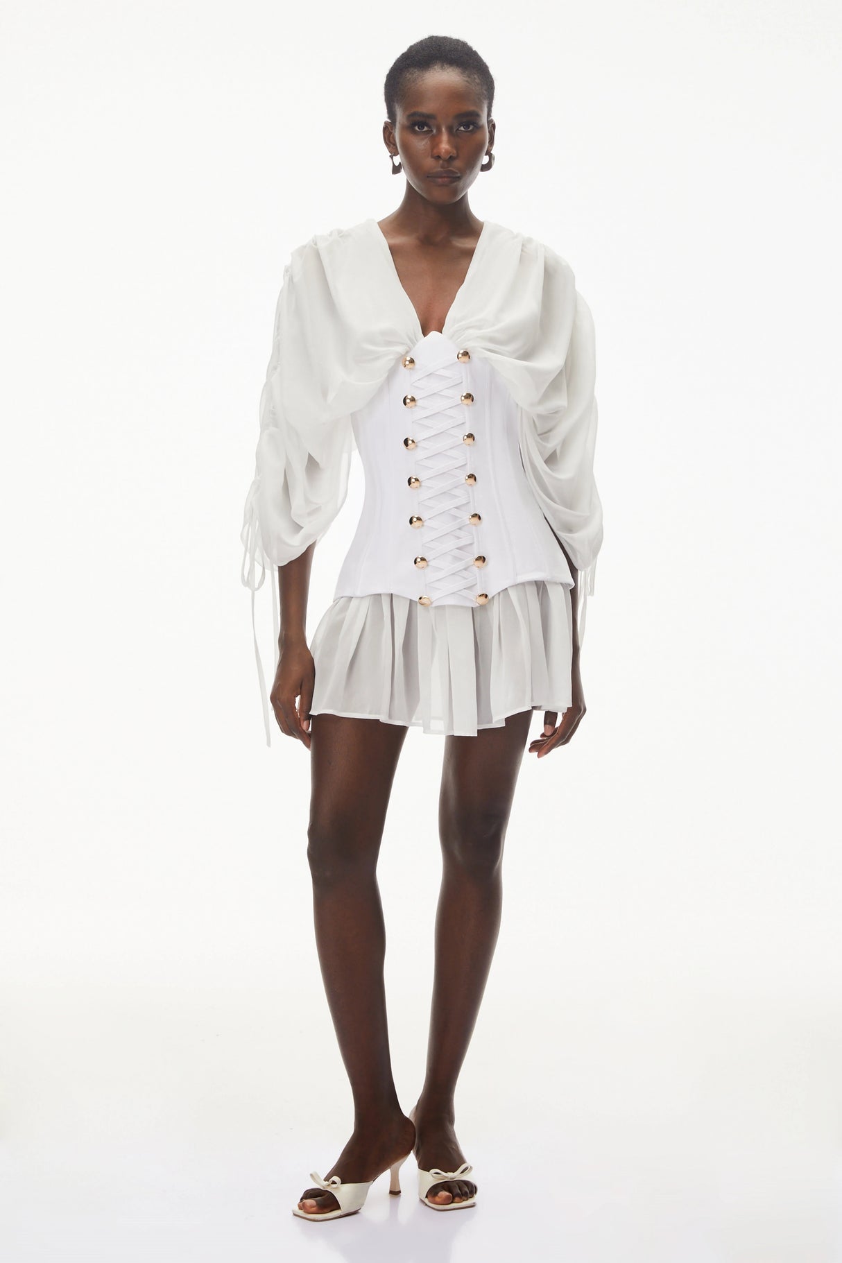 Jasmine White VNeck Ruched Mini Dress