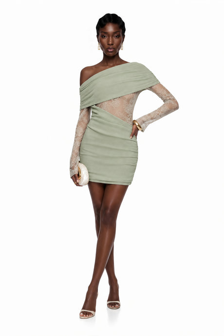 Camilla Mini Dress Green One Shoulder with Lace Panels
