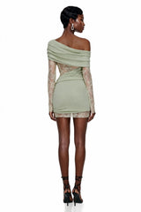 Jeanne Green One Shoulder Mini Dress with Lace Panels