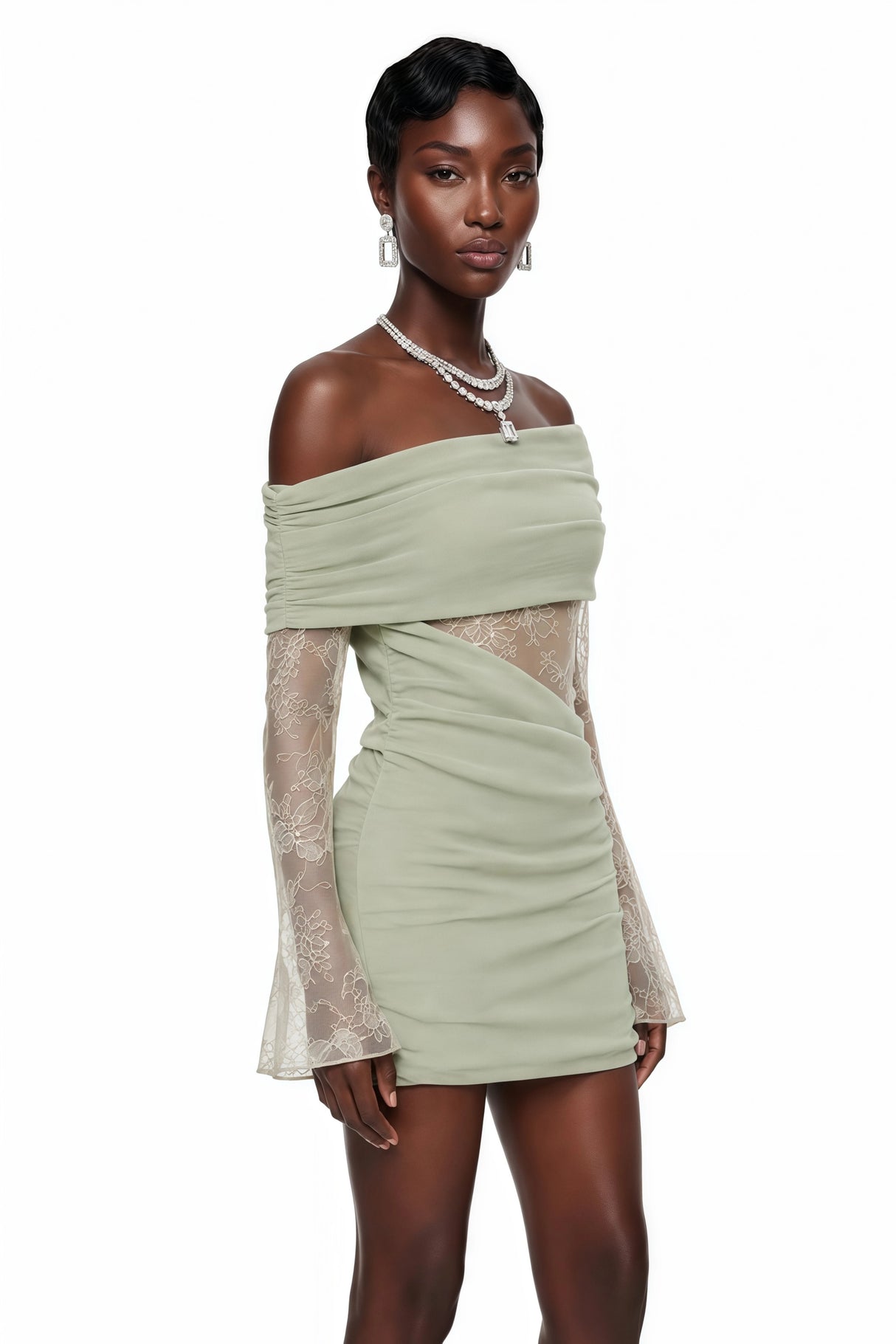 Jeanne Green One Shoulder Mini Dress with Lace Panels