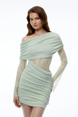 Jeanne Green One Shoulder Mini Dress with Lace Panels