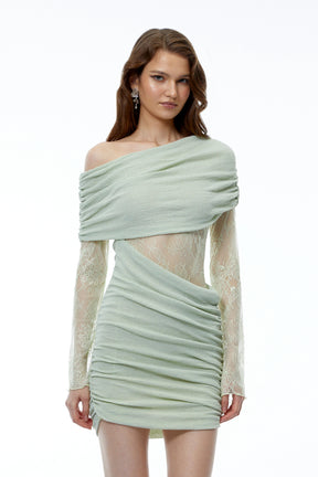 Jeanne Green One Shoulder Mini Dress with Lace Panels