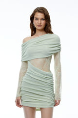 Jeanne Green One Shoulder Mini Dress with Lace Panels