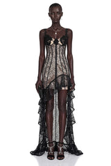 Jenna Black Floral Ruffled Asymmetrical Maxi Dress