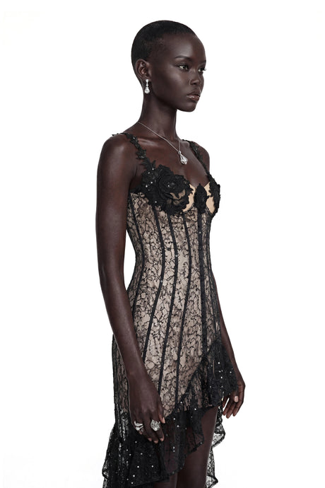 Zuri Maxi Dress Black Floral Ruffled Asymmetrical