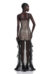 Jenna Black Floral Ruffled Asymmetrical Maxi Dress