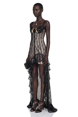 Jenna Black Floral Ruffled Asymmetrical Maxi Dress