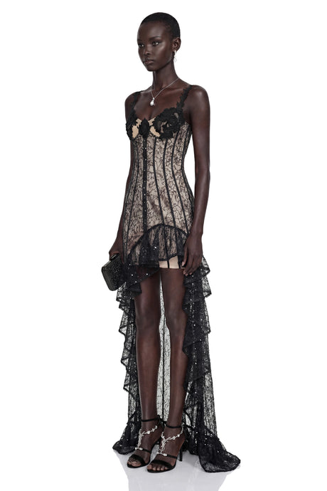 Zuri Maxi Dress Black Floral Ruffled Asymmetrical