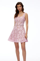 Jewel Pink Square Neck Floral Lace Mini Dress