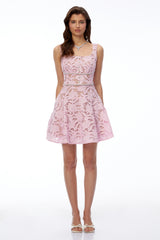 Jewel Pink Square Neck Floral Lace Mini Dress