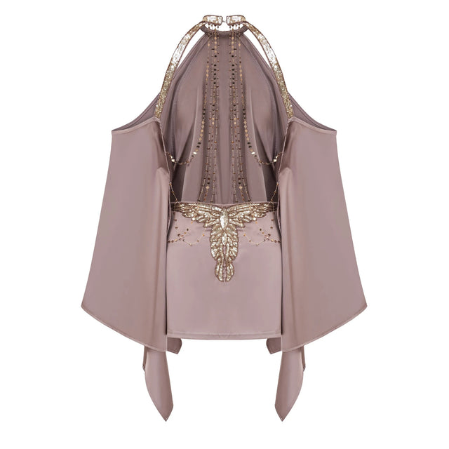 Jimena Brown Cold Shoulder Embellished Mini Dress