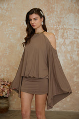 Jimena Brown Cold Shoulder Embellished Mini Dress