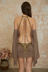 Jimena Brown Cold Shoulder Embellished Mini Dress