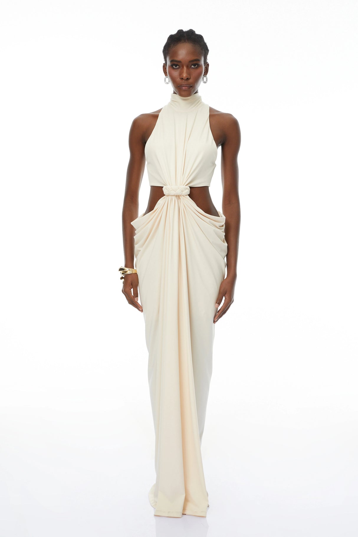 Joaquín Neutral Braid Detail Ruched Maxi Dress