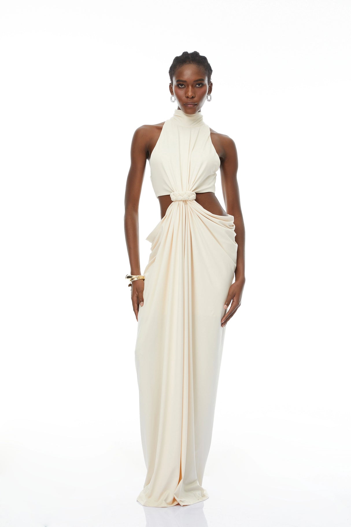 Joaquín Neutral Braid Detail Ruched Maxi Dress