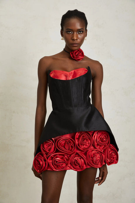 Giorgia Mini Dress Black Rose Appliqué Corset