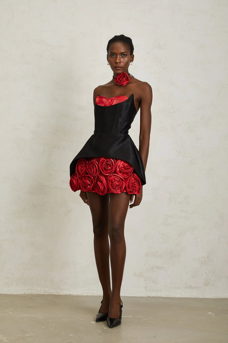Giorgia Mini Dress Black Rose Appliqué Corset