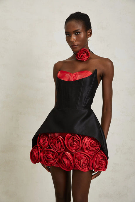 Giorgia Mini Dress Black Rose Appliqué Corset
