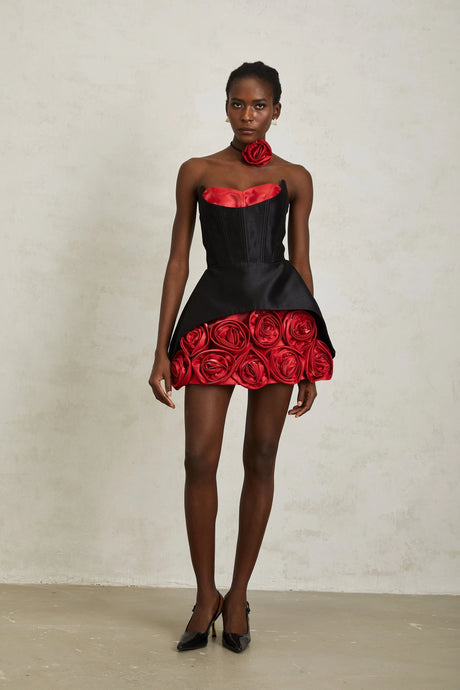 Giorgia Mini Dress Black Rose Appliqué Corset