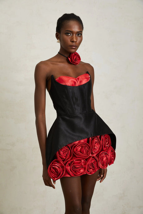 Giorgia Mini Dress Black Rose Appliqué Corset