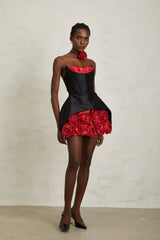 Joaquina Black Rose Appliqué Corset Mini Dress