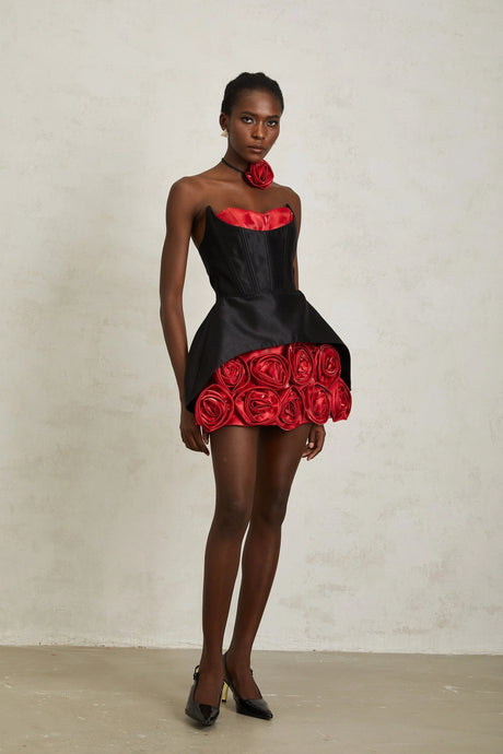 Giorgia Mini Dress Black Rose Appliqué Corset