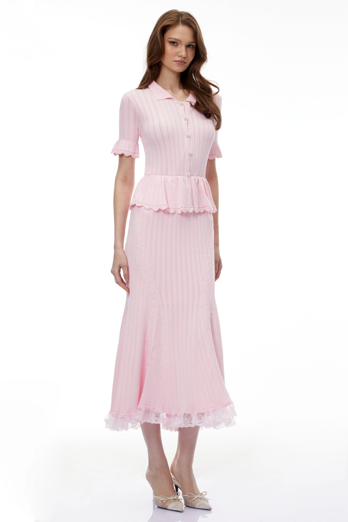 Jocasta Pink Stretch Lace Knit Midi Dress